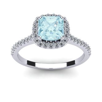 Aquamarine Ring: Aquamarine Jewelry: 1 Carat Cushion Cut Aquamarine and Halo Diamond Ring In 14K White Gold