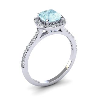 Aquamarine Ring: Aquamarine Jewelry: 1 Carat Cushion Cut Aquamarine and Halo Diamond Ring In 14K White Gold