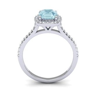 Aquamarine Ring: Aquamarine Jewelry: 1 Carat Cushion Cut Aquamarine and Halo Diamond Ring In 14K White Gold