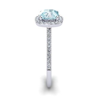 Aquamarine Ring: Aquamarine Jewelry: 1 Carat Cushion Cut Aquamarine and Halo Diamond Ring In 14K White Gold