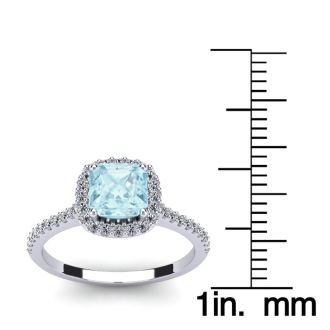 Aquamarine Ring: Aquamarine Jewelry: 1 Carat Cushion Cut Aquamarine and Halo Diamond Ring In 14K White Gold