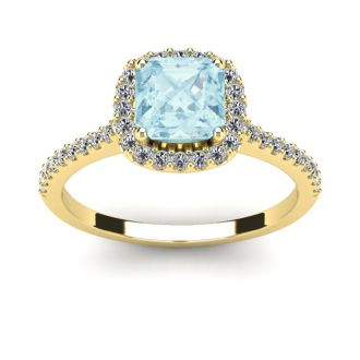 Aquamarine Ring: Aquamarine Jewelry: 1 Carat Cushion Cut Aquamarine and Halo Diamond Ring In 14K Yellow Gold