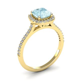 Aquamarine Ring: Aquamarine Jewelry: 1 Carat Cushion Cut Aquamarine and Halo Diamond Ring In 14K Yellow Gold