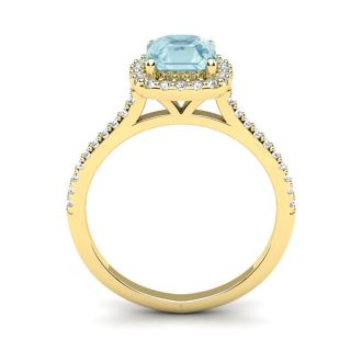 Aquamarine Ring: Aquamarine Jewelry: 1 Carat Cushion Cut Aquamarine and Halo Diamond Ring In 14K Yellow Gold