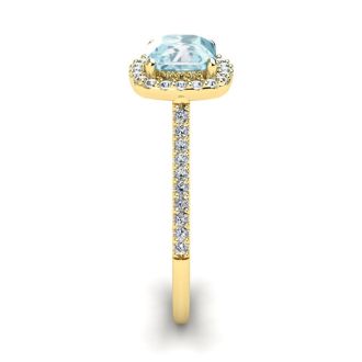 Aquamarine Ring: Aquamarine Jewelry: 1 Carat Cushion Cut Aquamarine and Halo Diamond Ring In 14K Yellow Gold