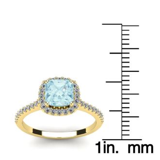 Aquamarine Ring: Aquamarine Jewelry: 1 Carat Cushion Cut Aquamarine and Halo Diamond Ring In 14K Yellow Gold