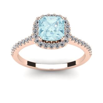 Aquamarine Ring: Aquamarine Jewelry: 1 Carat Cushion Cut Aquamarine and Halo Diamond Ring In 14K Rose Gold