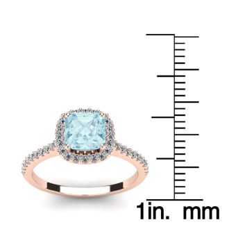 Aquamarine Ring: Aquamarine Jewelry: 1 Carat Cushion Cut Aquamarine and Halo Diamond Ring In 14K Rose Gold