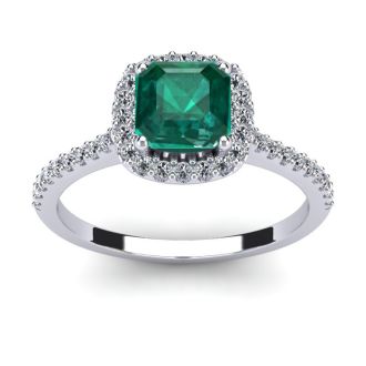 1 1/2 Carat Cushion Cut Emerald and Halo Diamond Ring In 14K White Gold