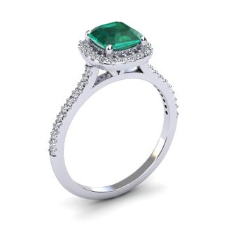 1 1/2 Carat Cushion Cut Emerald and Halo Diamond Ring In 14K White Gold
