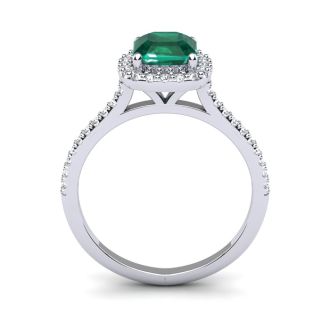 1 1/2 Carat Cushion Cut Emerald and Halo Diamond Ring In 14K White Gold