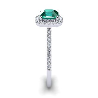 1 1/2 Carat Cushion Cut Emerald and Halo Diamond Ring In 14K White Gold