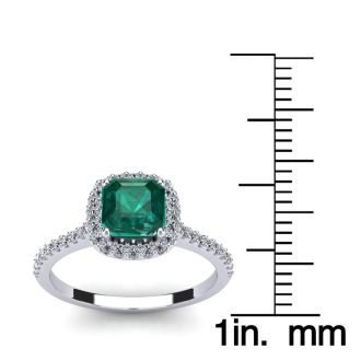 1 1/2 Carat Cushion Cut Emerald and Halo Diamond Ring In 14K White Gold