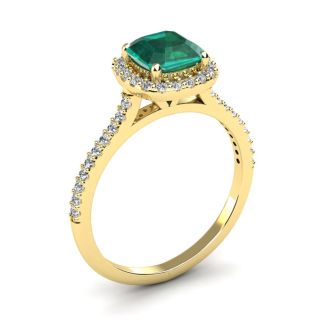 1 1/2 Carat Cushion Cut Created Emerald and Halo Diamond Ring In 14K Yellow Gold