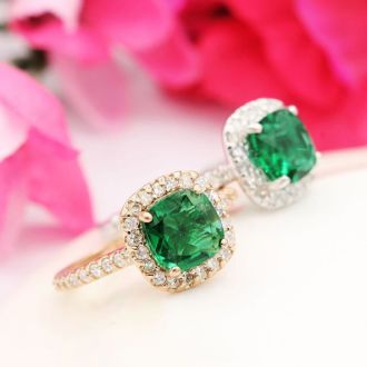 1 1/2 Carat Cushion Cut Created Emerald and Halo Diamond Ring In 14K Yellow Gold