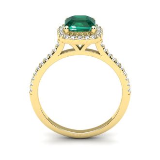 1 1/2 Carat Cushion Cut Created Emerald and Halo Diamond Ring In 14K Yellow Gold
