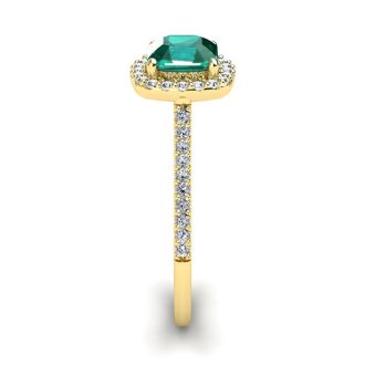 1 1/2 Carat Cushion Cut Created Emerald and Halo Diamond Ring In 14K Yellow Gold