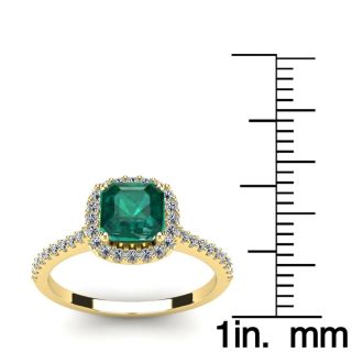 1 1/2 Carat Cushion Cut Created Emerald and Halo Diamond Ring In 14K Yellow Gold