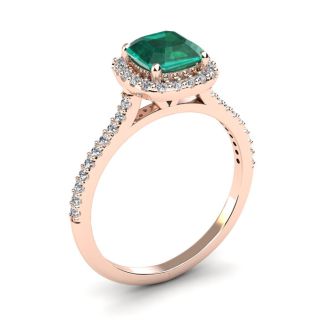 1 1/2 Carat Cushion Cut Created Emerald and Halo Diamond Ring In 14K Rose Gold