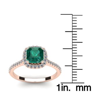 1 1/2 Carat Cushion Cut Created Emerald and Halo Diamond Ring In 14K Rose Gold