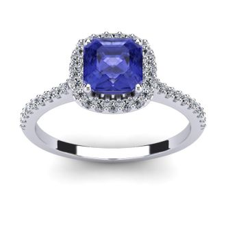 1 1/3 Carat Cushion Cut Tanzanite and Halo Diamond Ring In 14K White Gold