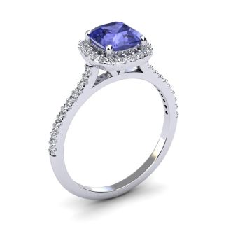 1 1/3 Carat Cushion Cut Tanzanite and Halo Diamond Ring In 14K White Gold