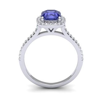 1 1/3 Carat Cushion Cut Tanzanite and Halo Diamond Ring In 14K White Gold