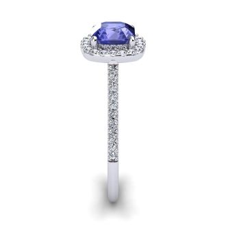 1 1/3 Carat Cushion Cut Tanzanite and Halo Diamond Ring In 14K White Gold