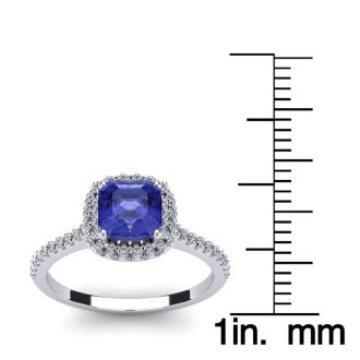 1 1/3 Carat Cushion Cut Tanzanite and Halo Diamond Ring In 14K White Gold