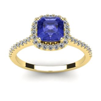 1 1/3 Carat Cushion Cut Tanzanite and Halo Diamond Ring In 14K Yellow Gold