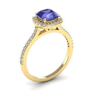 1 1/3 Carat Cushion Cut Tanzanite and Halo Diamond Ring In 14K Yellow Gold