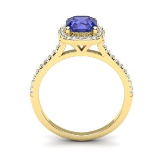 1 1/3 Carat Cushion Cut Tanzanite and Halo Diamond Ring In 14K Yellow Gold