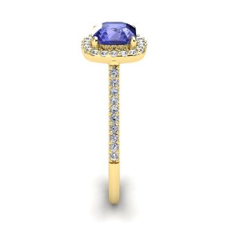 1 1/3 Carat Cushion Cut Tanzanite and Halo Diamond Ring In 14K Yellow Gold