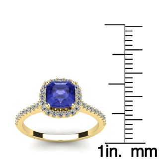 1 1/3 Carat Cushion Cut Tanzanite and Halo Diamond Ring In 14K Yellow Gold