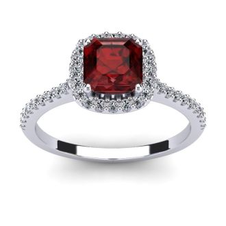 Garnet Ring: Garnet Jewelry: 1 1/2 Carat Cushion Cut Garnet and Halo Diamond Ring In 14K White Gold