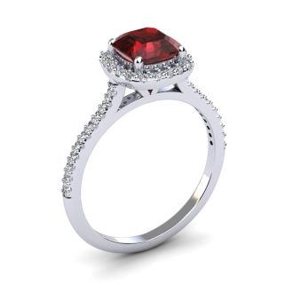 Garnet Ring: Garnet Jewelry: 1 1/2 Carat Cushion Cut Garnet and Halo Diamond Ring In 14K White Gold