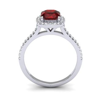 Garnet Ring: Garnet Jewelry: 1 1/2 Carat Cushion Cut Garnet and Halo Diamond Ring In 14K White Gold