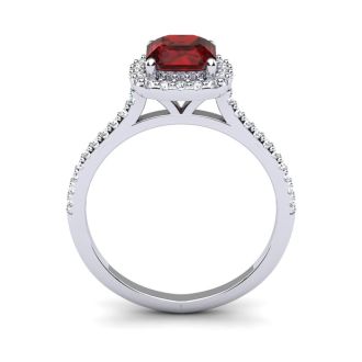 Garnet Ring: Garnet Jewelry: 1 1/2 Carat Cushion Cut Garnet and Halo Diamond Ring In 14K White Gold