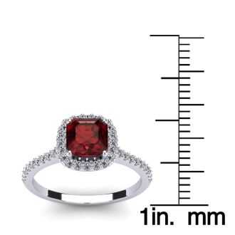 Garnet Ring: Garnet Jewelry: 1 1/2 Carat Cushion Cut Garnet and Halo Diamond Ring In 14K White Gold