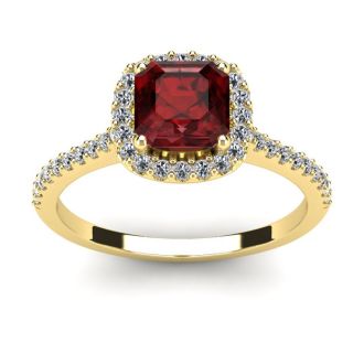 Garnet Ring: Garnet Jewelry: 1 1/2 Carat Cushion Cut Garnet and Halo Diamond Ring In 14K Yellow Gold