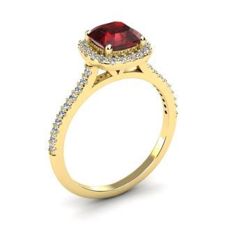 Garnet Ring: Garnet Jewelry: 1 1/2 Carat Cushion Cut Garnet and Halo Diamond Ring In 14K Yellow Gold