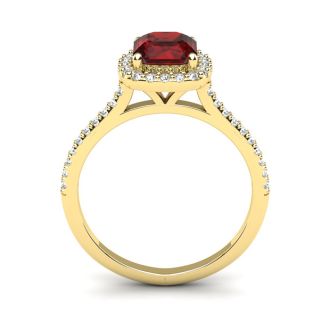 Garnet Ring: Garnet Jewelry: 1 1/2 Carat Cushion Cut Garnet and Halo Diamond Ring In 14K Yellow Gold