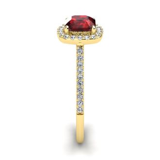 Garnet Ring: Garnet Jewelry: 1 1/2 Carat Cushion Cut Garnet and Halo Diamond Ring In 14K Yellow Gold