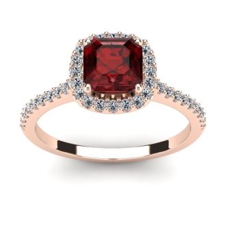 Garnet Ring: Garnet Jewelry: 1 1/2 Carat Cushion Cut Garnet and Halo Diamond Ring In 14K Rose Gold