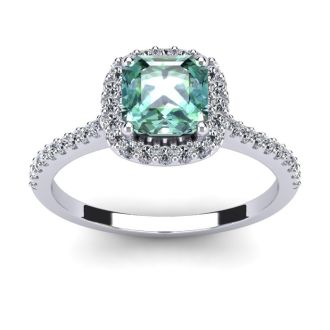 1 Carat Cushion Cut Green Amethyst and Halo Diamond Ring In 14K White Gold