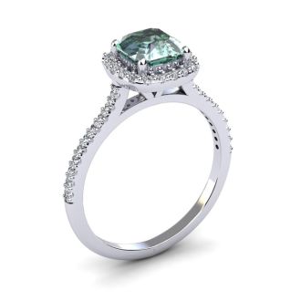 1 Carat Cushion Cut Green Amethyst and Halo Diamond Ring In 14K White Gold