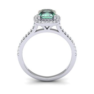1 Carat Cushion Cut Green Amethyst and Halo Diamond Ring In 14K White Gold