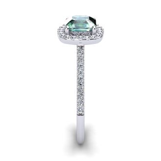 1 Carat Cushion Cut Green Amethyst and Halo Diamond Ring In 14K White Gold
