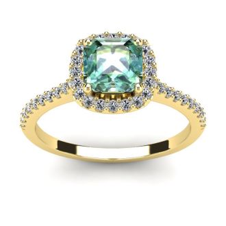 1 Carat Cushion Cut Green Amethyst and Halo Diamond Ring In 14K Yellow Gold