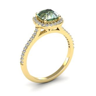 1 Carat Cushion Cut Green Amethyst and Halo Diamond Ring In 14K Yellow Gold